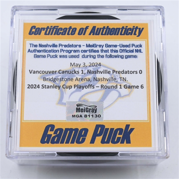 Nashville Predators - Game Puck - May 3, 2024 vs. Vancouver Canucks - 2024 Stanley Cup Playoffs - Round 1, Game 6 (Predators 25th Anniversary Logo)