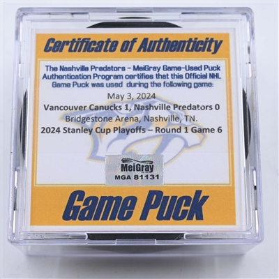 Nashville Predators - Game Puck - May 3, 2024 vs. Vancouver Canucks - 2024 Stanley Cup Playoffs - Round 1, Game 6 (Predators 25th Anniversary Logo)