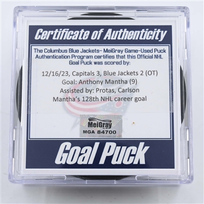 Anthony Mantha - Washington Capitals - Goal Puck - December 21, 2023 vs. Columbus Blue Jackets (Blue Jackets Logo)