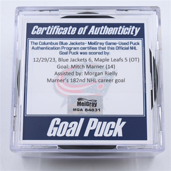 Mitch Marner - Toronto Maple Leafs - Goal Puck - December 29, 2023 vs. Columbus Blue Jackets (Blue Jackets Logo)