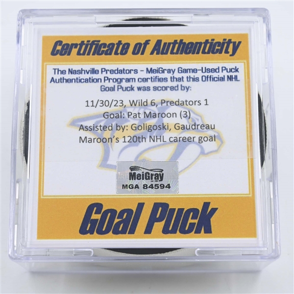 Pat Maroon - Minnesota Wild - Goal Puck - November 30, 2023 vs. Nashville Predators (Predators 25th Anniversary Logo)