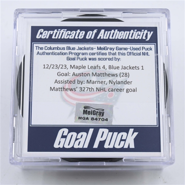 Auston Matthews - Toronto Maple Leafs - Goal Puck - December 23, 2023 vs. Columbus Blue Jackets (Blue Jackets Logo)