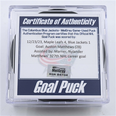 Auston Matthews - Toronto Maple Leafs - Goal Puck - December 23, 2023 vs. Columbus Blue Jackets (Blue Jackets Logo)