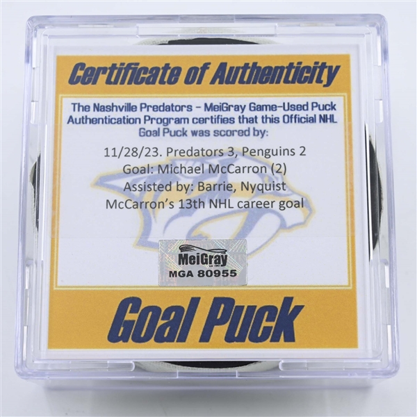 Michael McCarron - Nashville Predators - Goal Puck -  November 28, 2023 vs. Pittsburgh Penguins (Predators 25th Anniversary Logo)