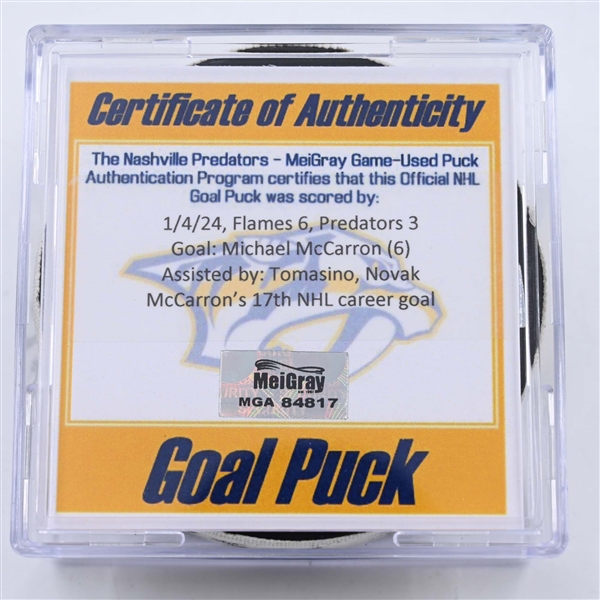 Michael McCarron - Nashville Predators - Goal Puck - January 4, 2024 vs. Calgary Flames (Predators 25th Anniversary Logo)