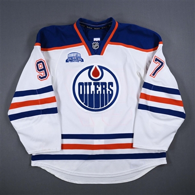 Connor McDavid - Edmonton Oilers -  Game-Worn White w/ Rexall Place Farewell Season Patch Rookie Jersey - 1st Career OT Goal - Worn 3/1/2016