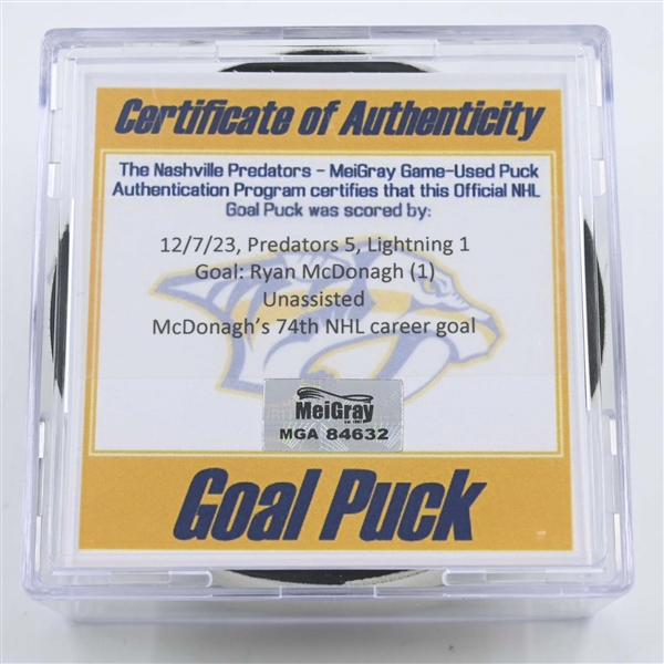 Ryan McDonagh - Nashville Predators - Goal Puck - December 7, 2023 vs. Tampa Bay Lightning (Predators 25th Anniversary Logo)