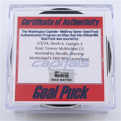 Connor McMichael - Washington Capitals - Goal Puck - January 3, 2024 vs. New Jersey Devils (Capitals Logo)