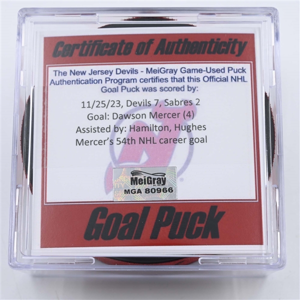 Dawson Mercer - New Jersey Devils - Goal Puck -  November 25, 2023 vs. Buffalo Sabres (Devils Logo)