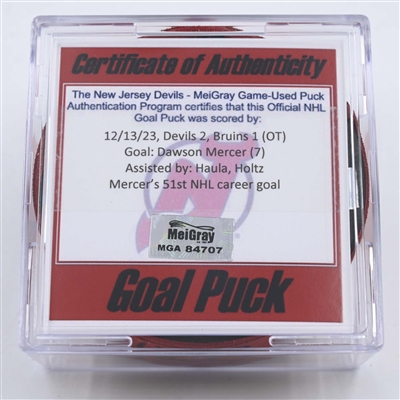 Dawson Mercer - New Jersey Devils - Goal Puck - December 13, 2023 vs. Boston Bruins (Devils Logo)