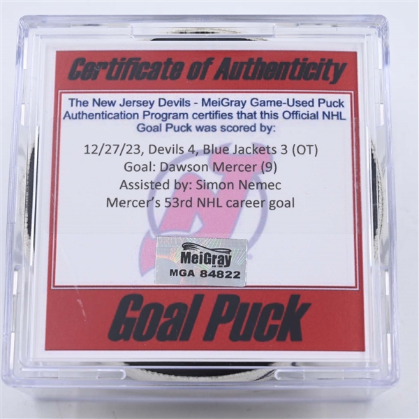 Dawson Mercer - New Jersey Devils - Goal Puck - December 27, 2023 vs. Columbus Blue Jackets (Devils Logo)