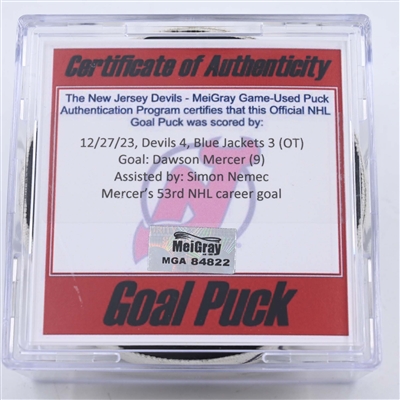 Dawson Mercer - New Jersey Devils - Goal Puck - December 27, 2023 vs. Columbus Blue Jackets (Devils Logo)