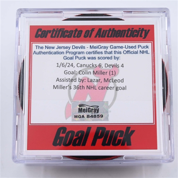 Colin Miller - New Jersey Devils - Goal Puck - January 6, 2024 vs. Vancouver Canucks (Devils Logo)