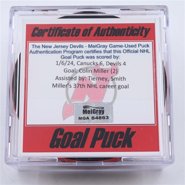 Colin Miller - New Jersey Devils - Goal Puck - January 6, 2024 vs. Vancouver Canucks (Devils Logo)