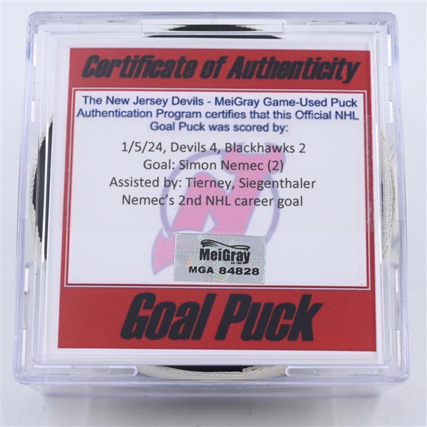 Simon Nemec - New Jersey Devils - Goal Puck - January 5, 2024 vs. Chicago Blackhawks (Devils Logo)