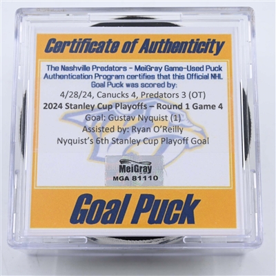 Gustav Nyquist - Nashville Predators - Goal Puck - April 28, 2024 vs. Vancouver Canucks - 2024 Stanley Cup Playoffs - Round 1, Game 4 (Predators 25th Anniversary Logo)