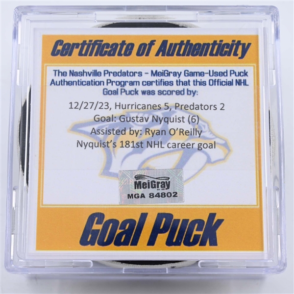 Gustav Nyquist - Nashville Predators - Goal Puck - December 27, 2023 vs. Carolina Hurricanes (Predators 25th Anniversary Logo)