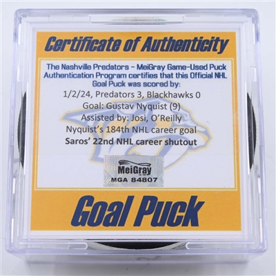 Gustav Nyquist - Nashville Predators - Goal Puck - January 2, 2024 vs. Chicago Blackhawks (Predators 25th Anniversary Logo)