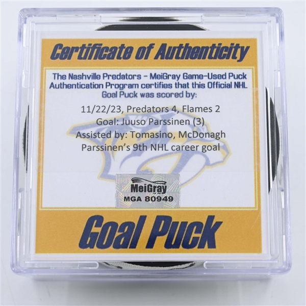 Juuso Parssinen - Nashville Predators - Goal Puck -  November 22, 2023 vs. Calgary Flames (Predators 25th Anniversary Logo)