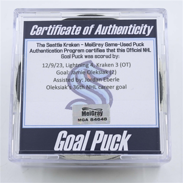 Jamie Oleksiak - Seattle Kraken - Goal Puck - December 9, 2023 vs. Tampa Bay Lightning (Kraken Logo)
