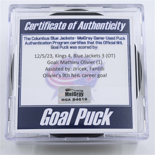 Mathieu Olivier - Columbus Blue Jackets - Goal Puck - December 5, 2023 vs. Los Angeles Kings (Blue Jackets Logo)