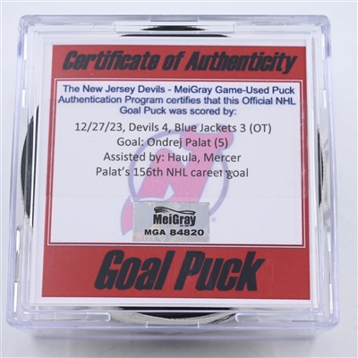 Ondrej Palat - New Jersey Devils - Goal Puck - December 27, 2023 vs. Columbus Blue Jackets (Devils Logo)