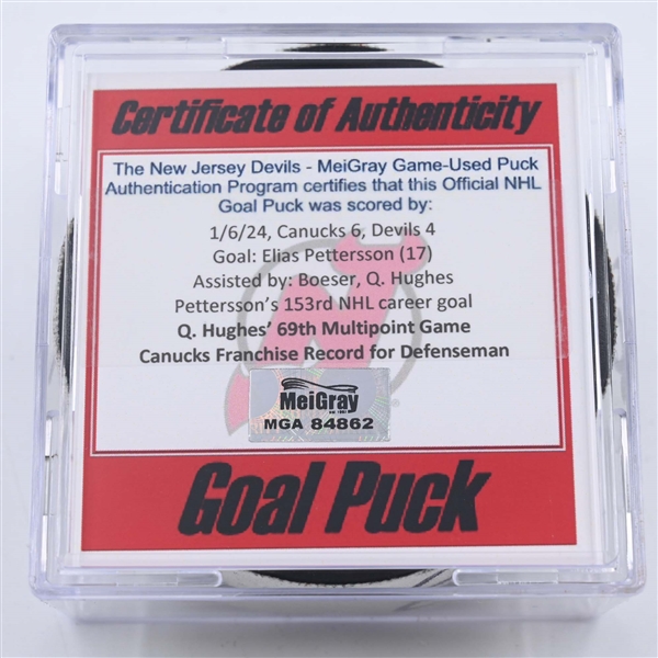 Elias Pettersson - Vancouver Canucks - Goal Puck - January 6, 2024 vs. New Jersey Devils (Devils Logo)