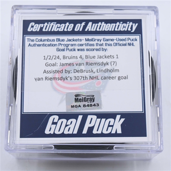 James van Riemsdyk - Boston Bruins - Goal Puck - January 2, 2024 vs. Columbus Blue Jackets (Blue Jackets Logo)