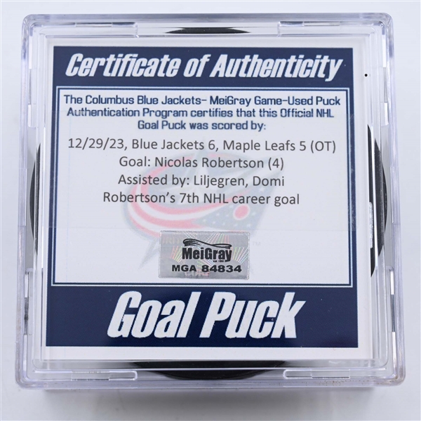 Nicholas Robertson - Toronto Maple Leafs - Goal Puck - December 29, 2023 vs. Columbus Blue Jackets (Blue Jackets Logo)