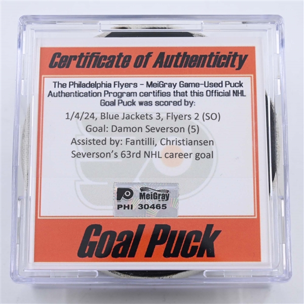 Damon Severson - Columbus Blue Jackets - Goal Puck - January 4, 2024 vs. Philadelphia Flyers (Flyers Logo)