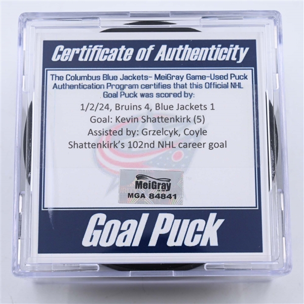 Kevin Shattenkirk - Boston Bruins - Goal Puck - January 2, 2024 vs. Columbus Blue Jackets (Blue Jackets Logo)