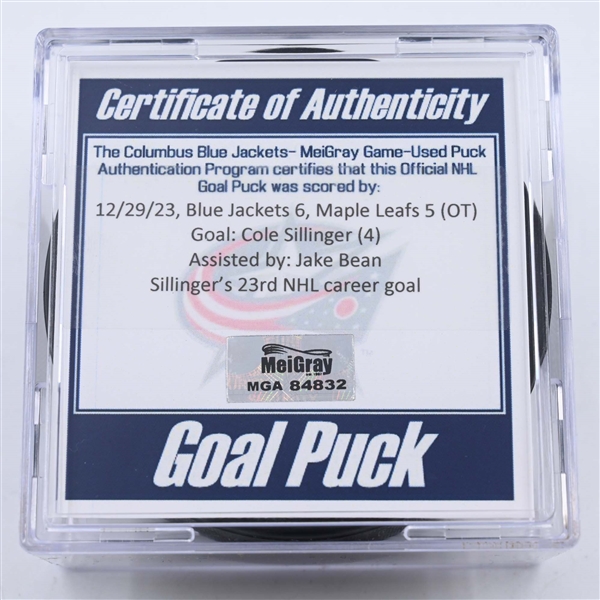 Cole Sillinger - Columbus Blue Jackets - Goal Puck - December 29, 2023 vs. Toronto Maple Leafs (Blue Jackets Logo)