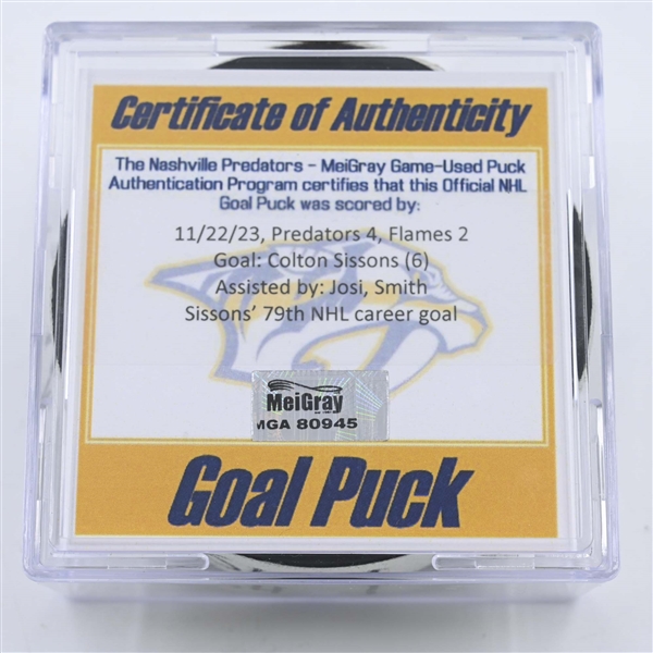 Colton Sissons - Nashville Predators - Goal Puck -  November 22, 2023 vs. Calgary Flames (Predators 25th Anniversary Logo)