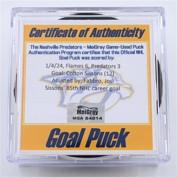 Colton Sissons - Nashville Predators - Goal Puck - January 4, 2024 vs. Calgary Flames (Predators 25th Anniversary Logo)