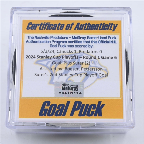 Pius Suter - Vancouver Canucks - Goal Puck - May 3, 2024 vs. Nashville Predators - 2024 Stanley Cup Playoffs - Round 1, Game 6 (Predators 25th Anniversary Logo)