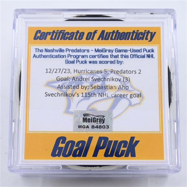 Andrei Svechnikov - Carolina Hurricanes - Goal Puck - December 27, 2023 vs. Nashville Predators (Predators 25th Anniversary Logo)