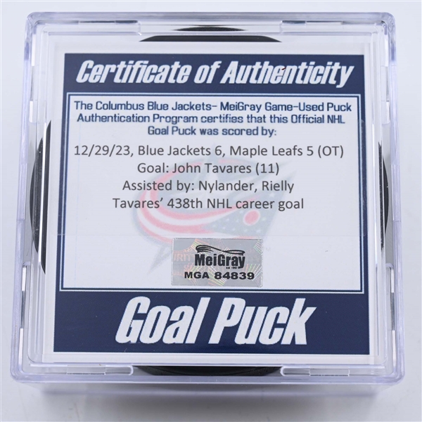 John Tavares - Toronto Maple Leafs - Goal Puck - December 29, 2023 vs. Columbus Blue Jackets (Blue Jackets Logo)