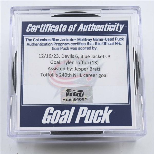 Tyler Toffoli - New Jersey Devils - Goal Puck - December 16, 2023 vs. Columbus Blue Jackets (Blue Jackets Logo)