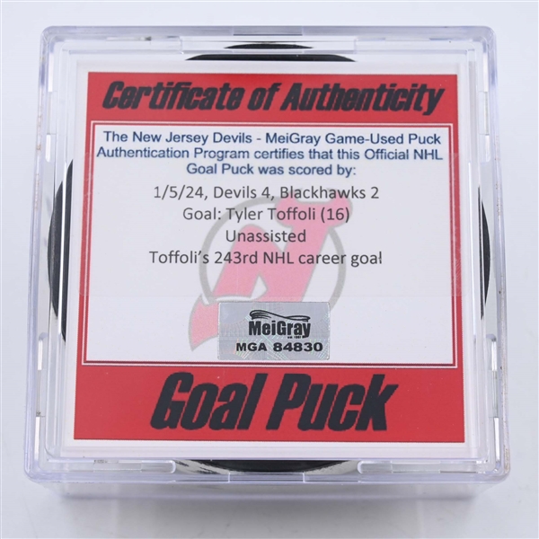 Tyler Toffoli - New Jersey Devils - Goal Puck - January 5, 2024 vs. Chicago Blackhawks (Devils Logo)