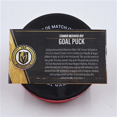 Connor McDavid - Edmonton Oilers - Goal Puck - May 12, 2023 vs. Vegas Golden Knights (Knights Stanley Cup Playoffs Logo)
