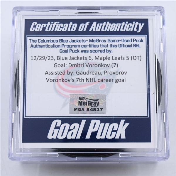 Dmitri Voronkov - Columbus Blue Jackets - Goal Puck - December 29, 2023 vs. Toronto Maple Leafs (Blue Jackets Logo)