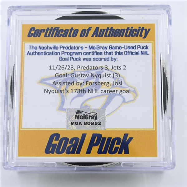 Gustav Nyquist - Nashville Predators - Goal Puck -  November 26, 2023 vs. Winnipeg Jets (Predators 25th Anniversary Logo)