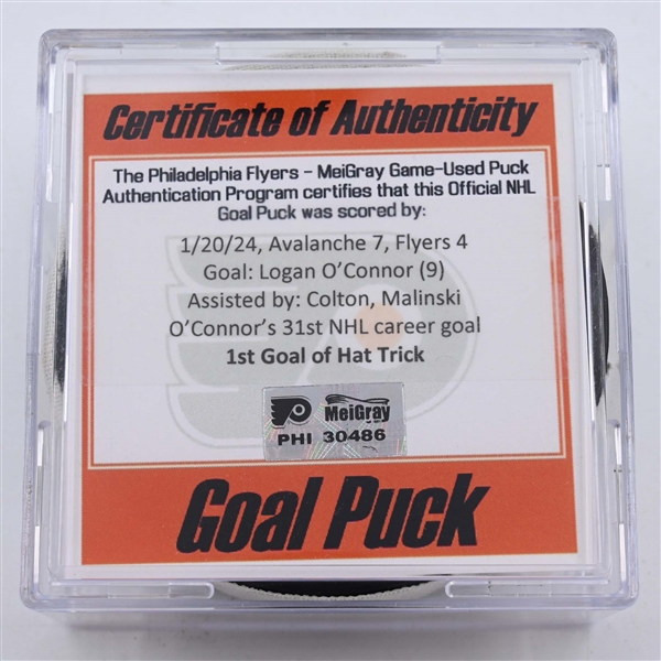 Logan OConnor - Colorado Avalanche - Goal Puck - January 20, 2024 vs. Philadelphia Flyers (Flyers Logo)