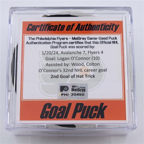 Logan OConnor - Colorado Avalanche - Goal Puck - January 20, 2024 vs. Philadelphia Flyers (Flyers Logo)