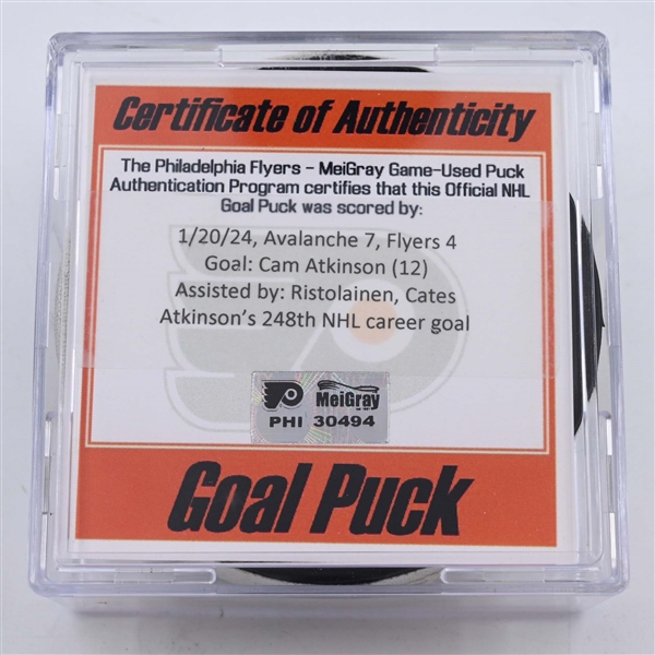 Cam Atkinson - Philadelphia Flyers - Goal Puck - January 20, 2024 vs. Colorado Avalanche (Flyers Logo)