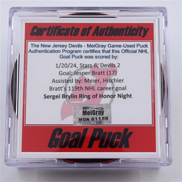 Jesper Bratt - New Jersey Devils - Goal Puck - January 20, 2024 vs. Dallas Stars (Devils Logo)