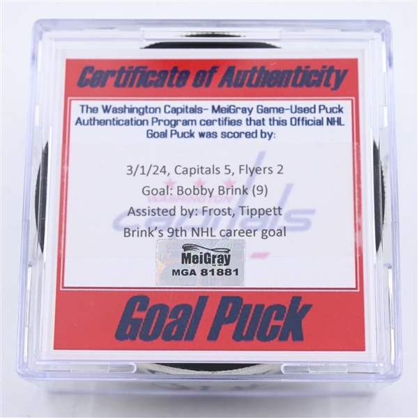 Bobby Brink - Philadelphia Flyers - Goal Puck - March 1, 2024 vs. Washington Capitals (Capitals Logo)