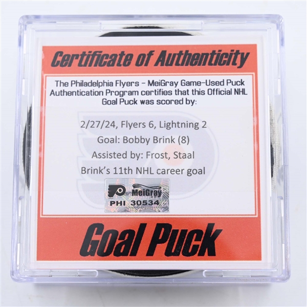 Bobby Brink - Philadelphia Flyers - Goal Puck - February 27, 2024 vs. Tampa Bay Lightning (Flyers Logo)