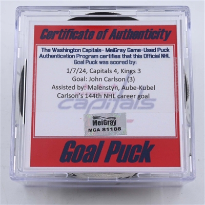 John Carlson - Washington Capitals - Goal Puck - January 7, 2024 vs. Los Angeles Kings (Capitals Logo)