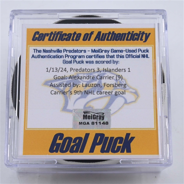 Alexandre Carrier - Nashville Predators - Goal Puck - January 13, 2024 vs. New York Islanders (Predators 25th Anniversary Logo)